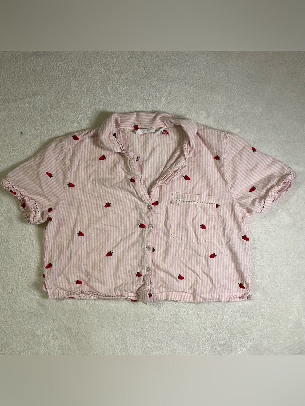 Cynthia Rowey Strawberry Striped Cotton Button Down Top size M